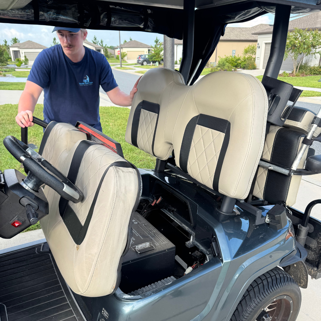 Ocala Cart Care technician performing a golf cart diagnostic on-site in Marion County, Florida