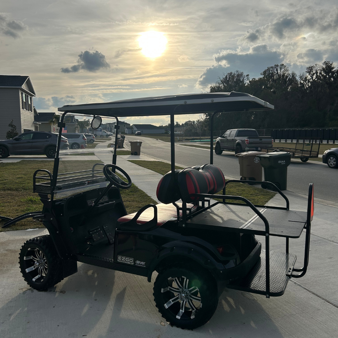 Golf cart at sunset — year-round Golf Cart Care Plan service in Ocala and The Villages, FL