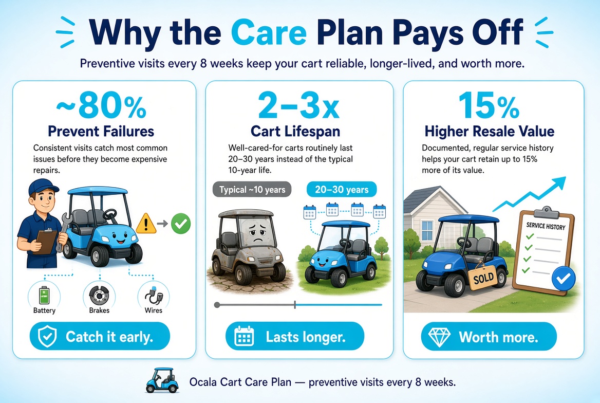 The payoffs of the Care Plan: prevent up to 80% of failures, 2 to 3 times longer cart lifespan, and up to 15% higher resale value.