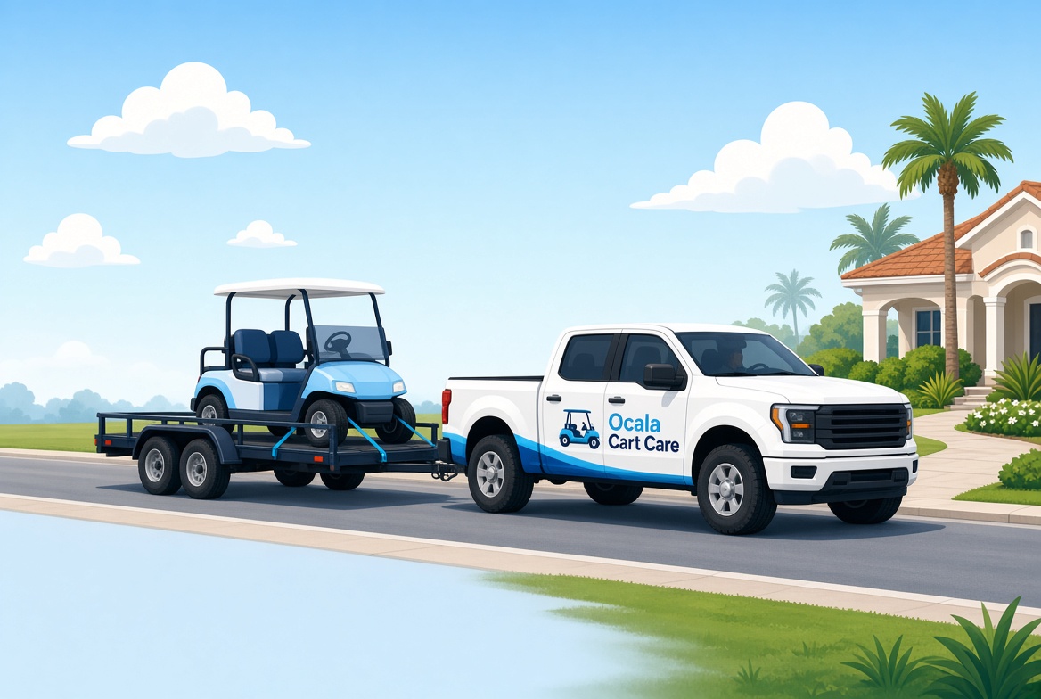 Ocala Cart Care truck towing a golf cart on a trailer through an Ocala neighborhood